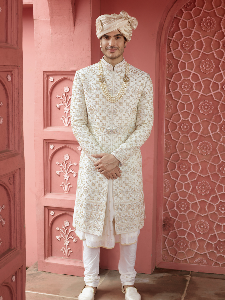 Off White Zari Work Sherwani