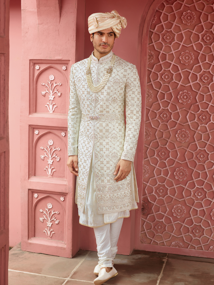 Off White Zari Work Sherwani