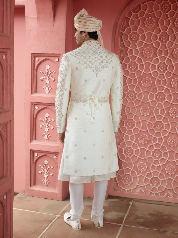 Off White Zari Work Sherwani