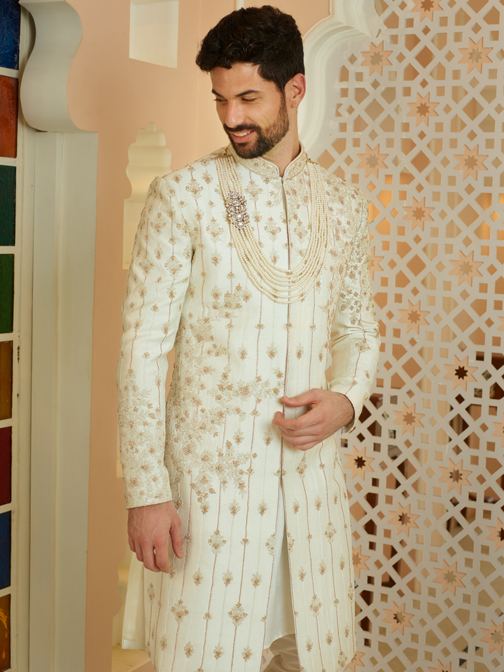 Off White Butti Work Sherwani