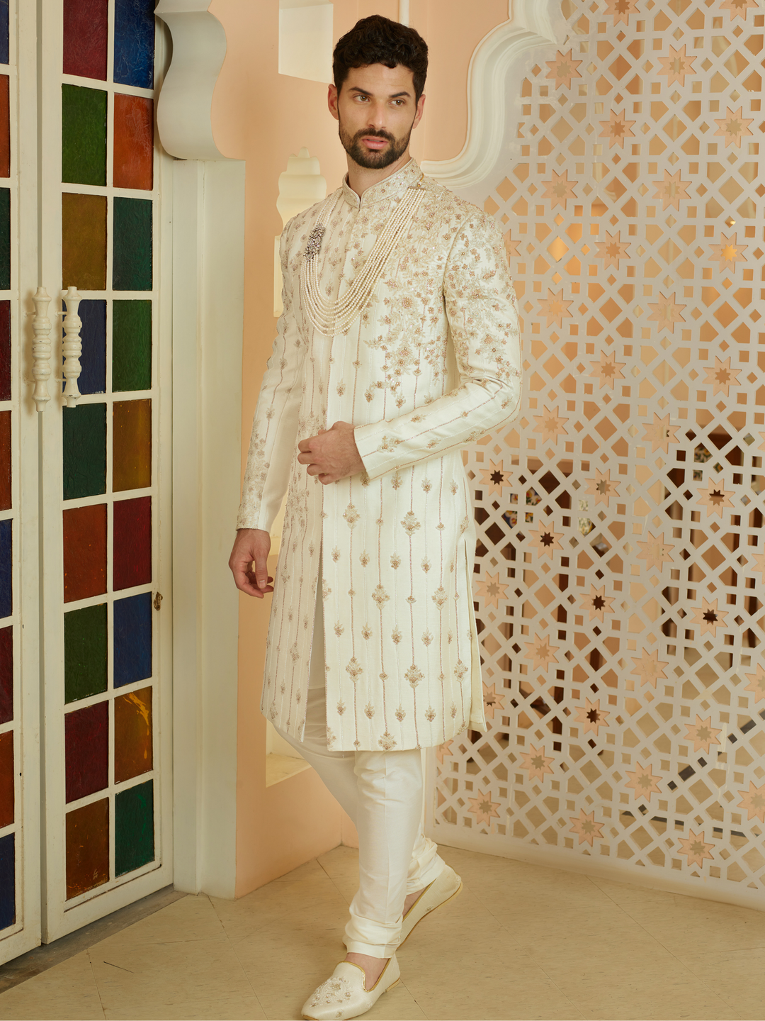 Off White Butti Work Sherwani