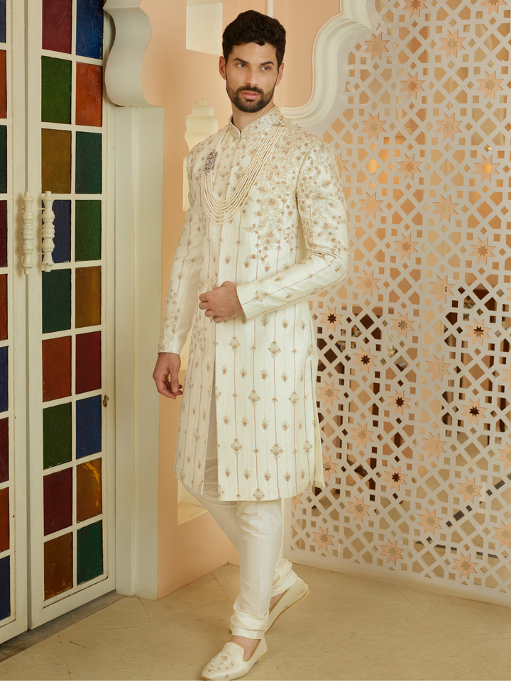 Off White Butti Work Sherwani