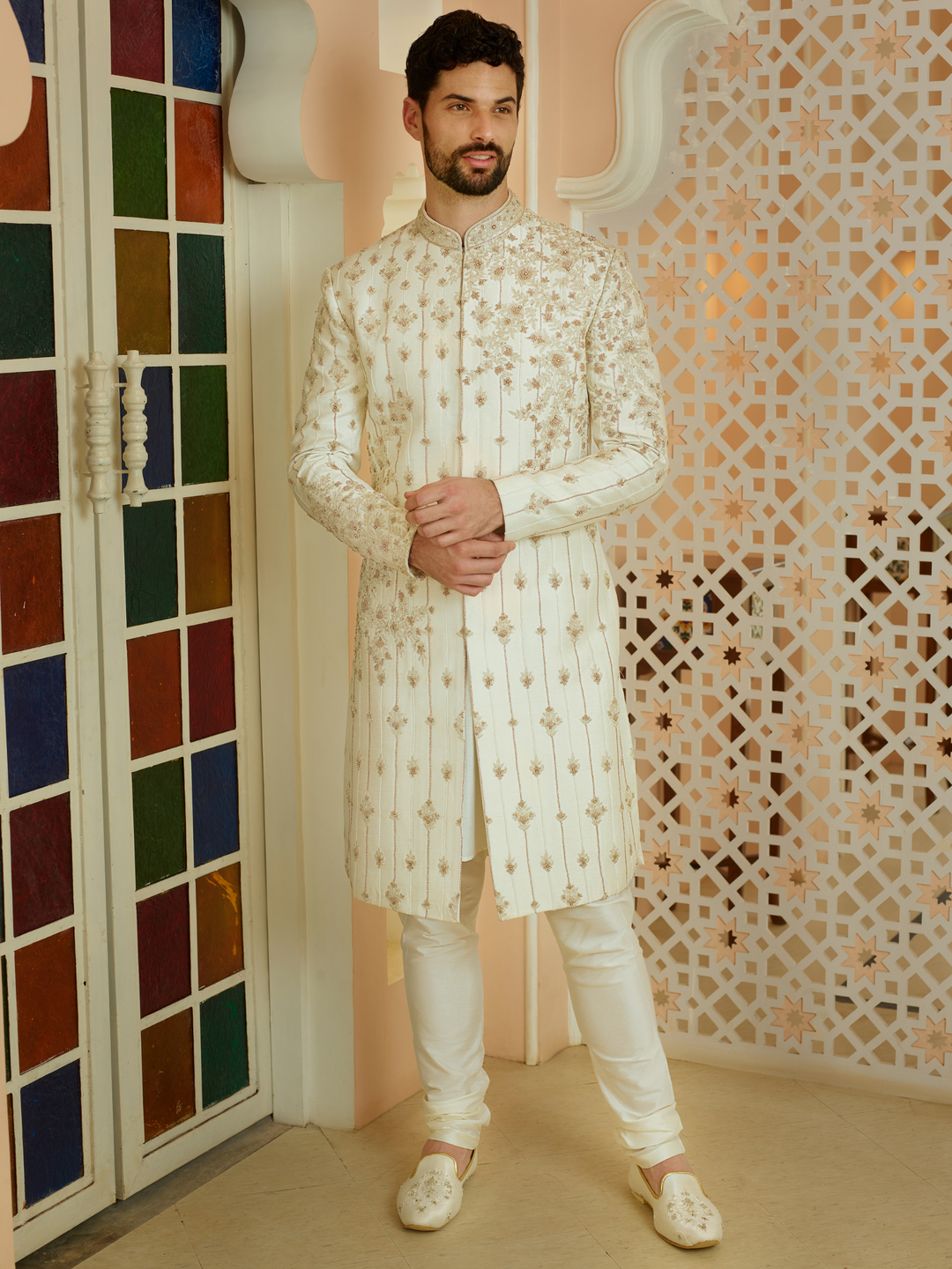 Off White Butti Work Sherwani
