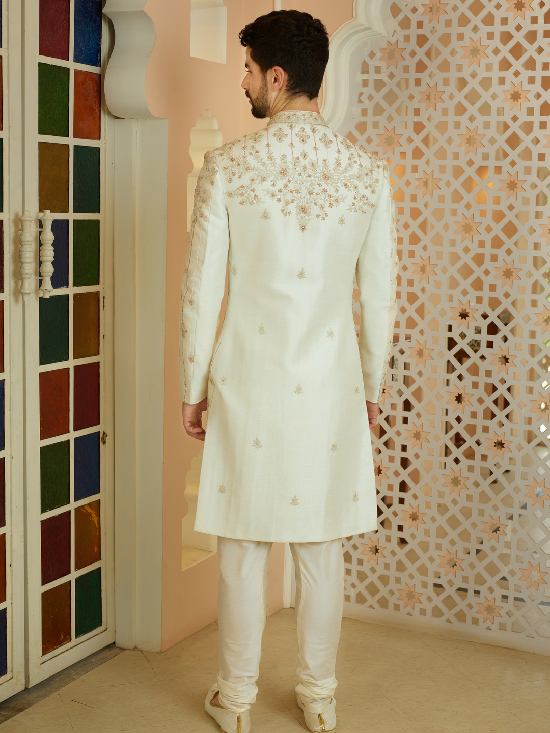 Off White Butti Work Sherwani