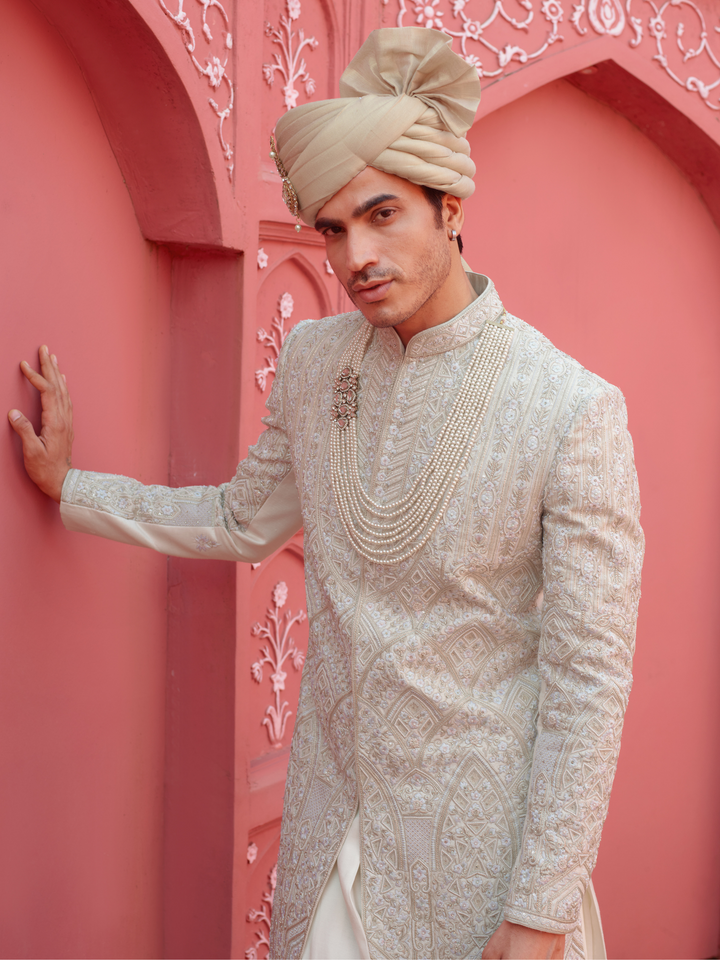 Off White Floral & Geometric Work Sherwani