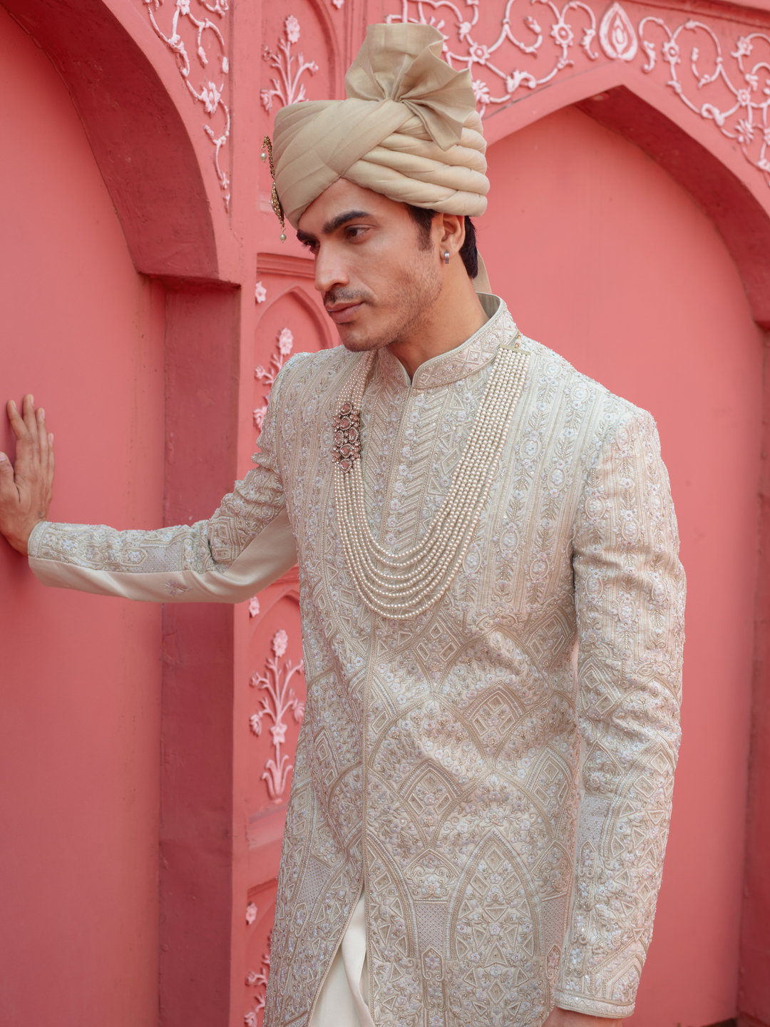 Off White Floral & Geometric Work Sherwani