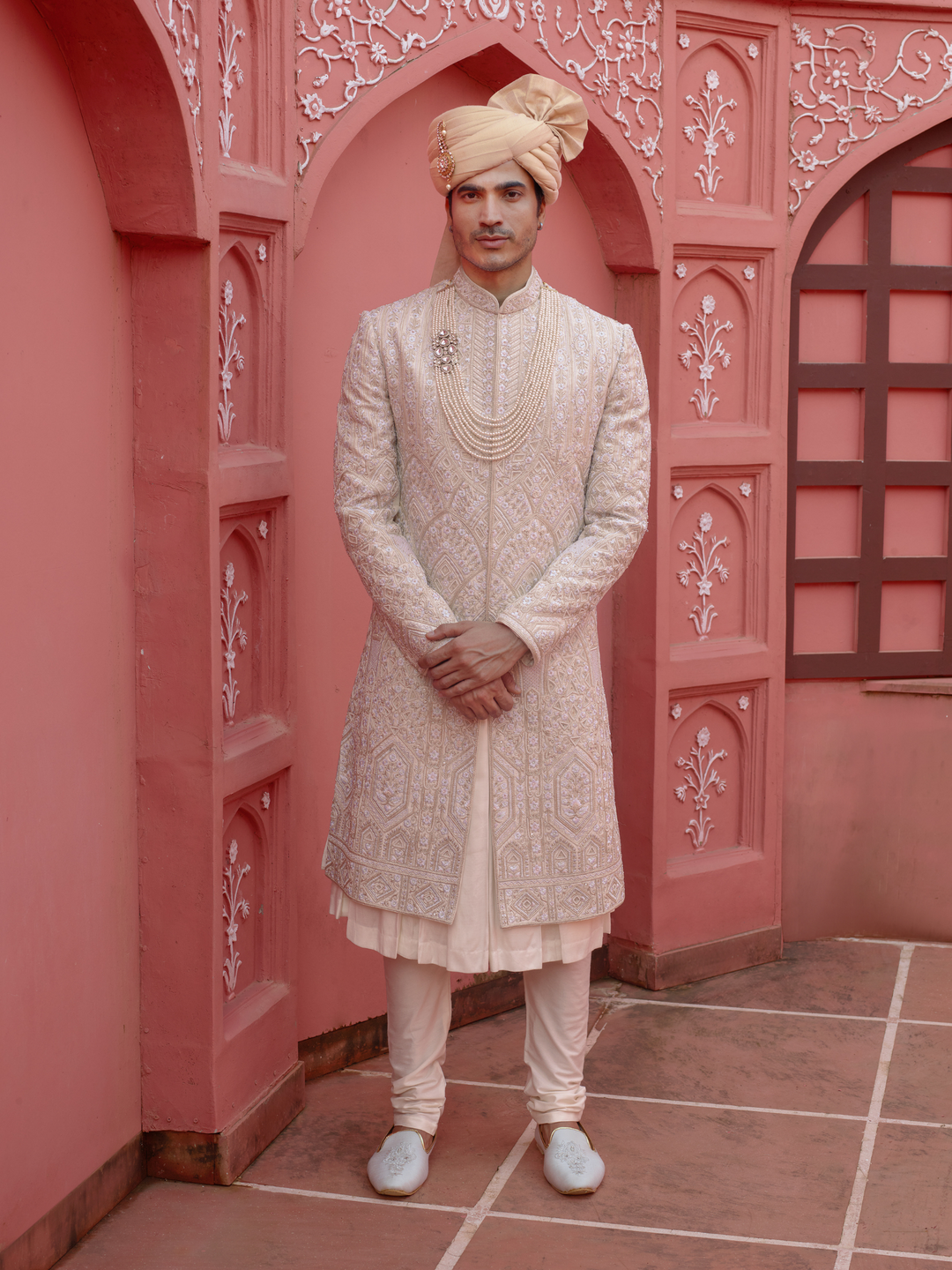 Off White Floral & Geometric Work Sherwani