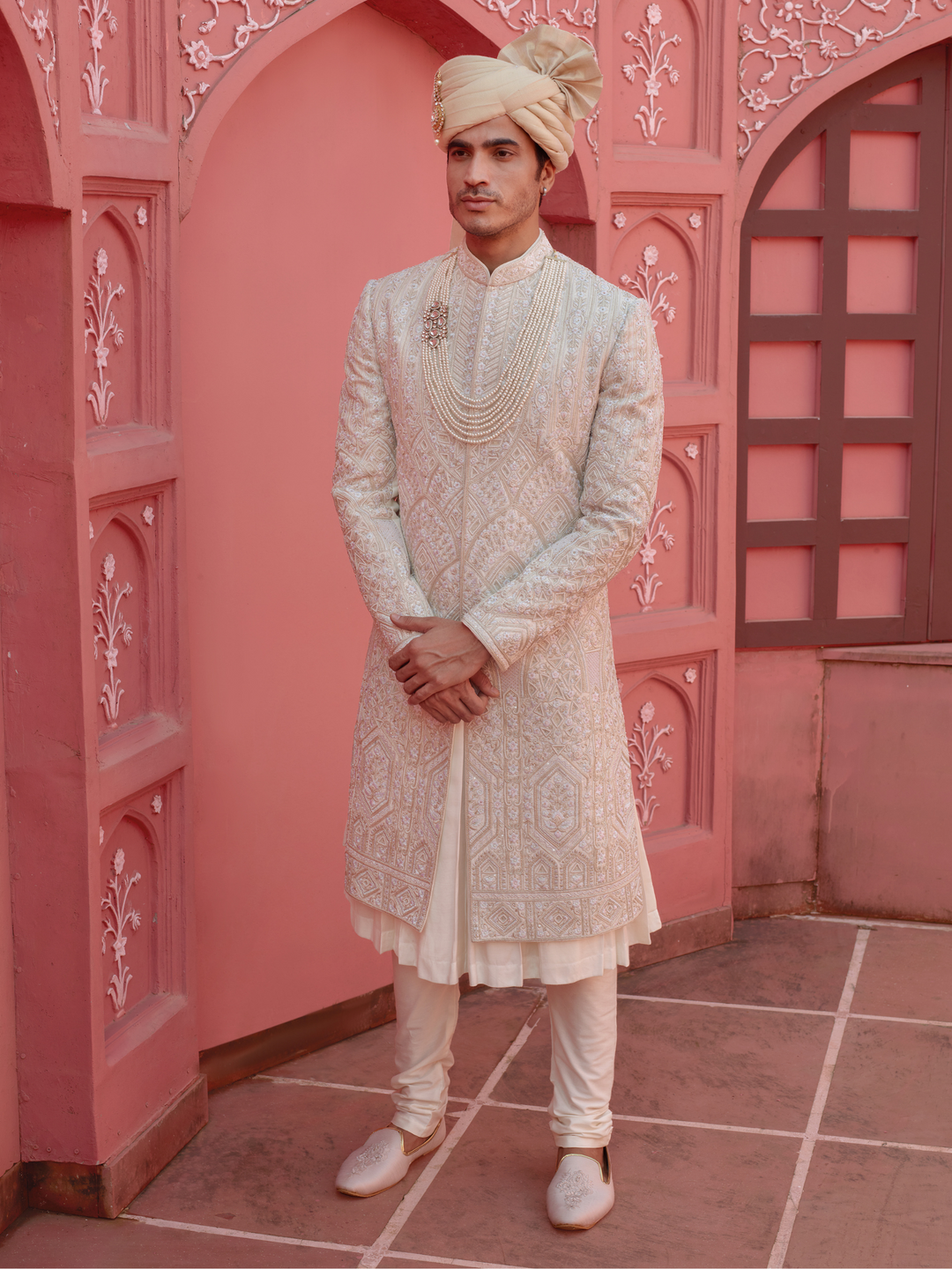 Off White Floral & Geometric Work Sherwani