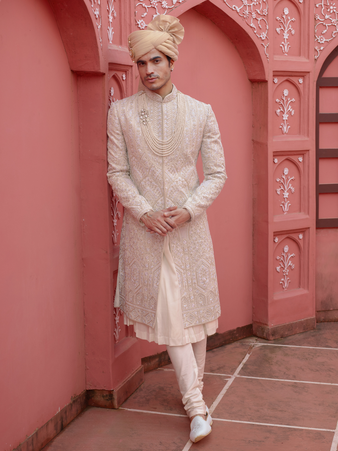 Off White Floral & Geometric Work Sherwani