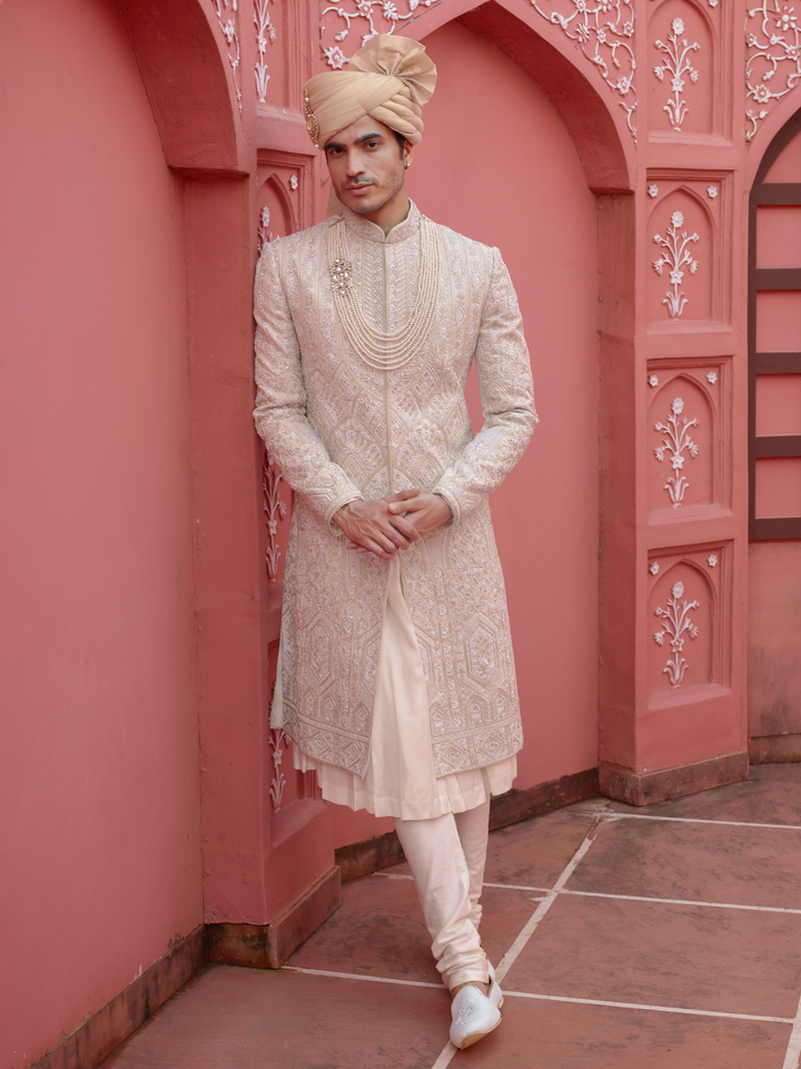 Off White Floral & Geometric Work Sherwani