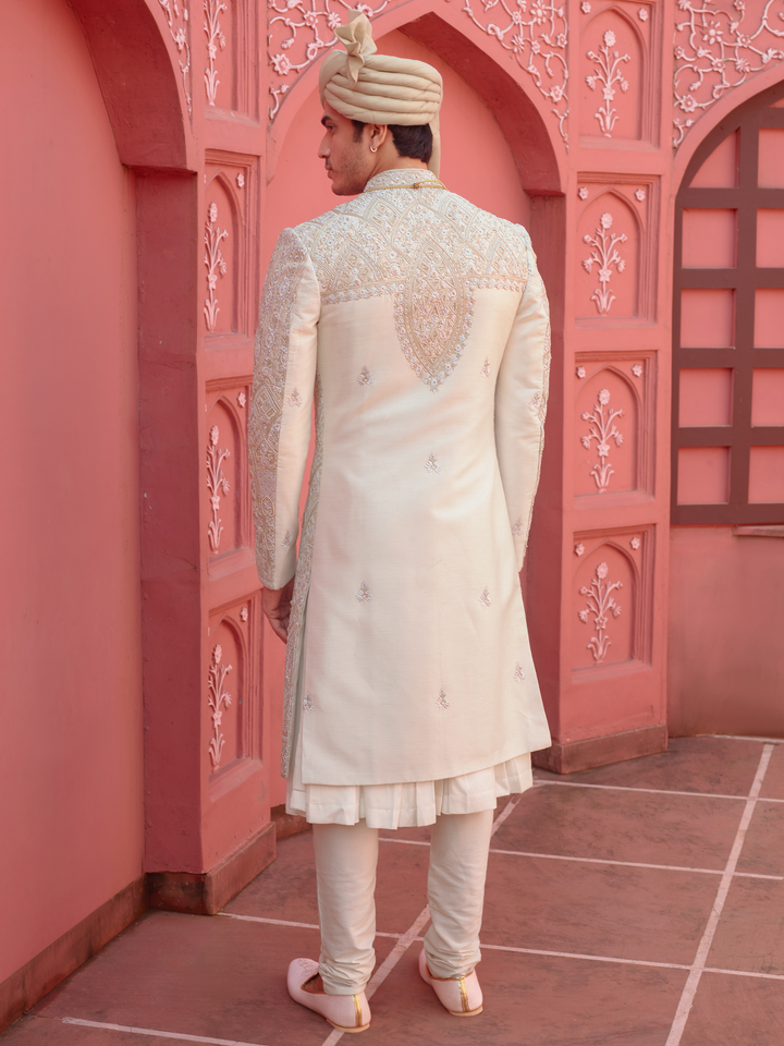 Off White Floral & Geometric Work Sherwani