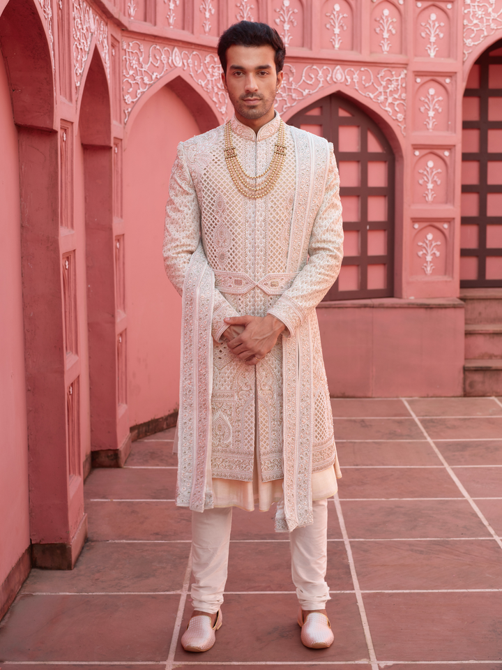 Light Gold Silk Cutwork Sherwani