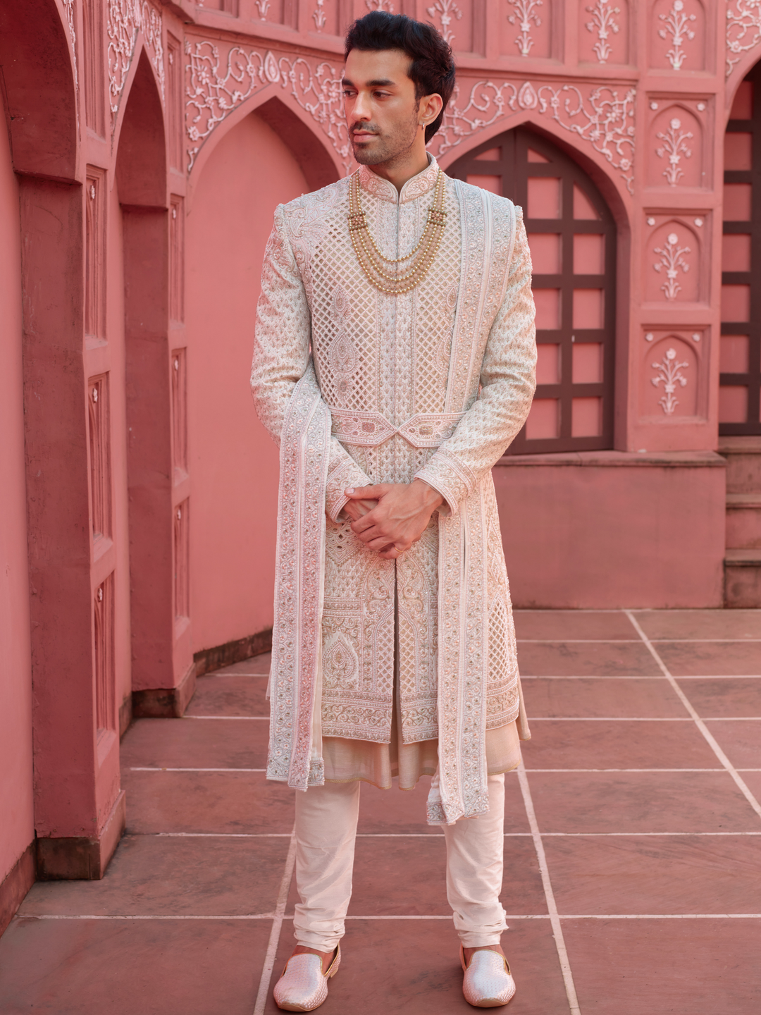 Light Gold Silk Cutwork Sherwani