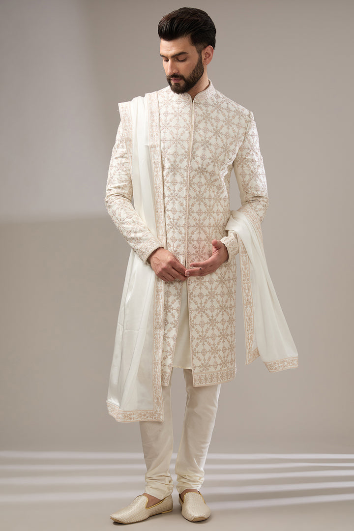 Ivory Geometric Embellished Sherwani Set