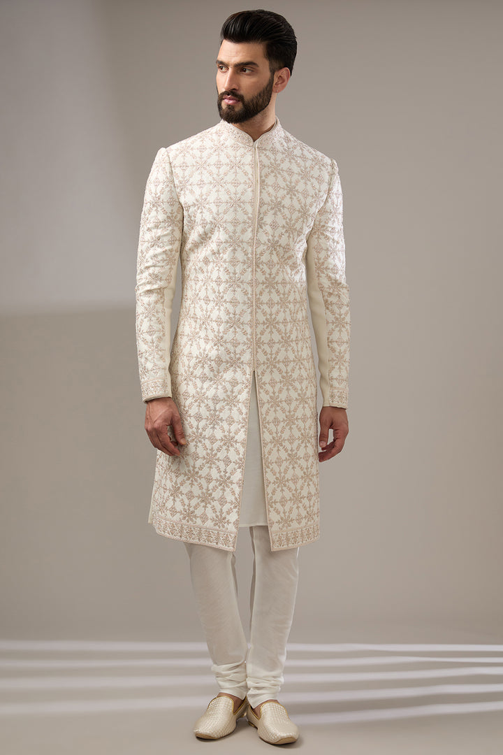 Ivory Geometric Embellished Sherwani Set