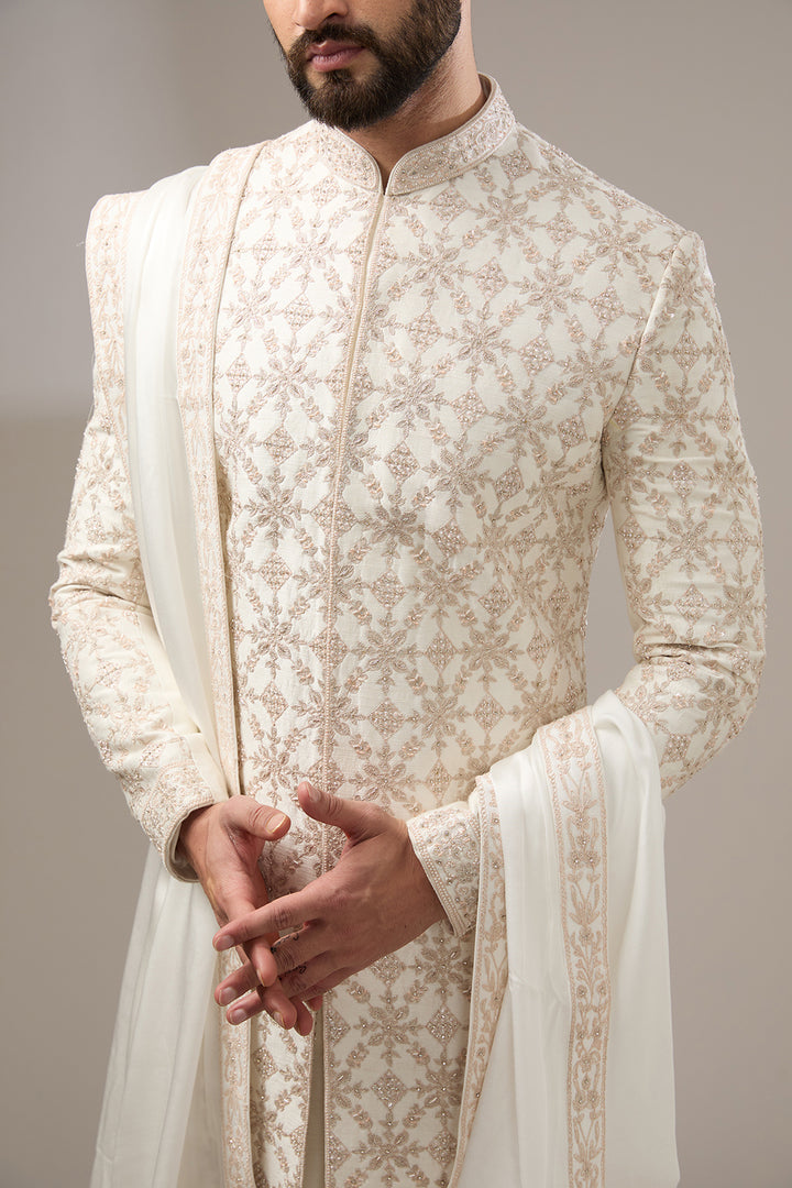 Ivory Geometric Embellished Sherwani Set