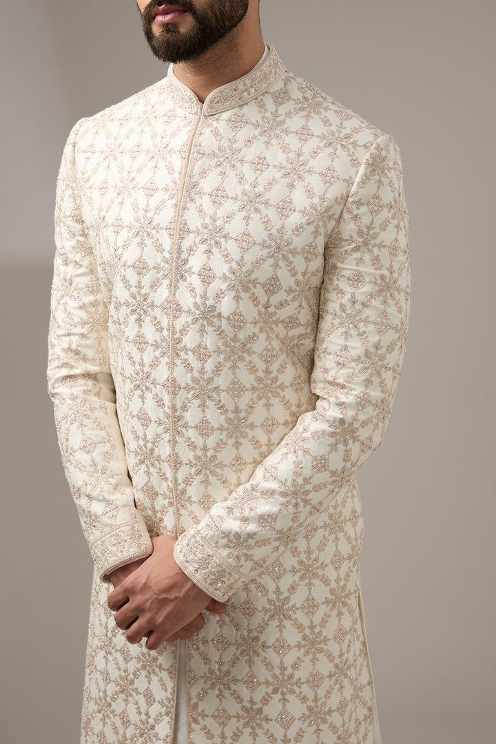 Ivory Geometric Embellished Sherwani Set
