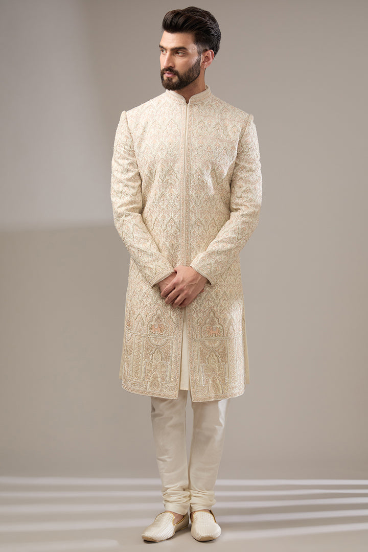 Elephant Motif Cream Sherwani Set