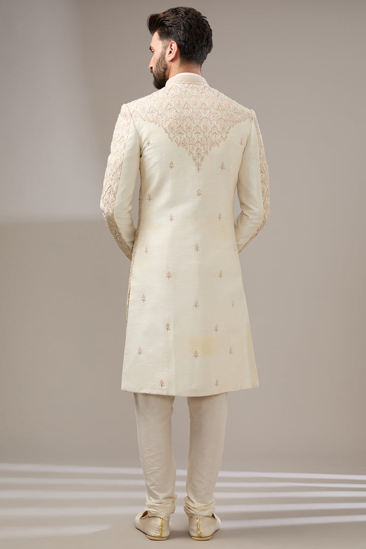 Elephant Motif Cream Sherwani Set