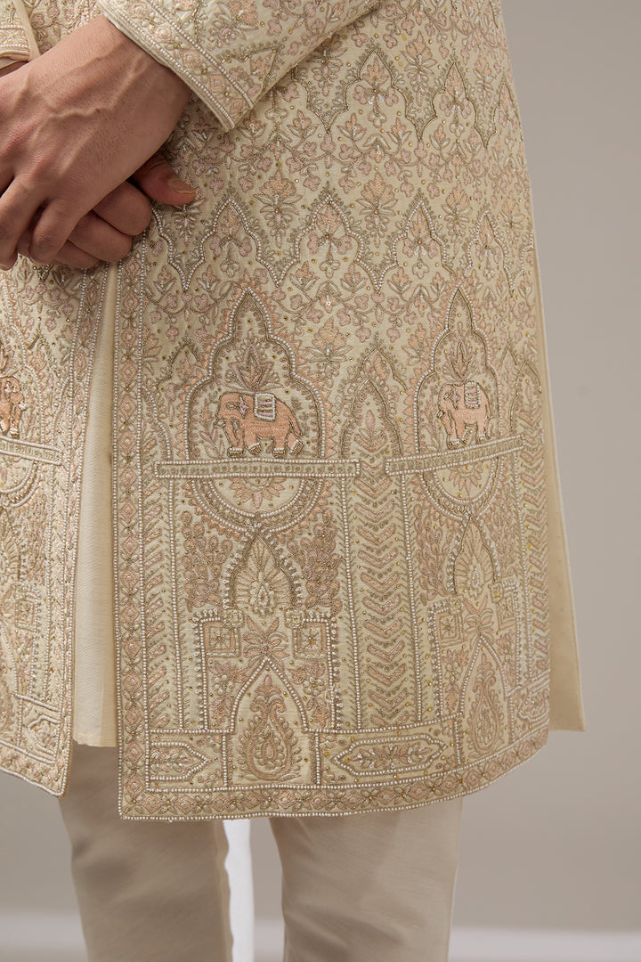 Elephant Motif Cream Sherwani Set
