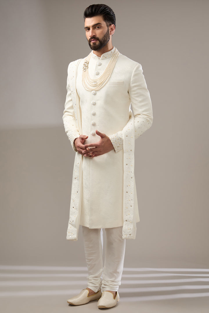 Pearl-Adorned White Sherwani Set