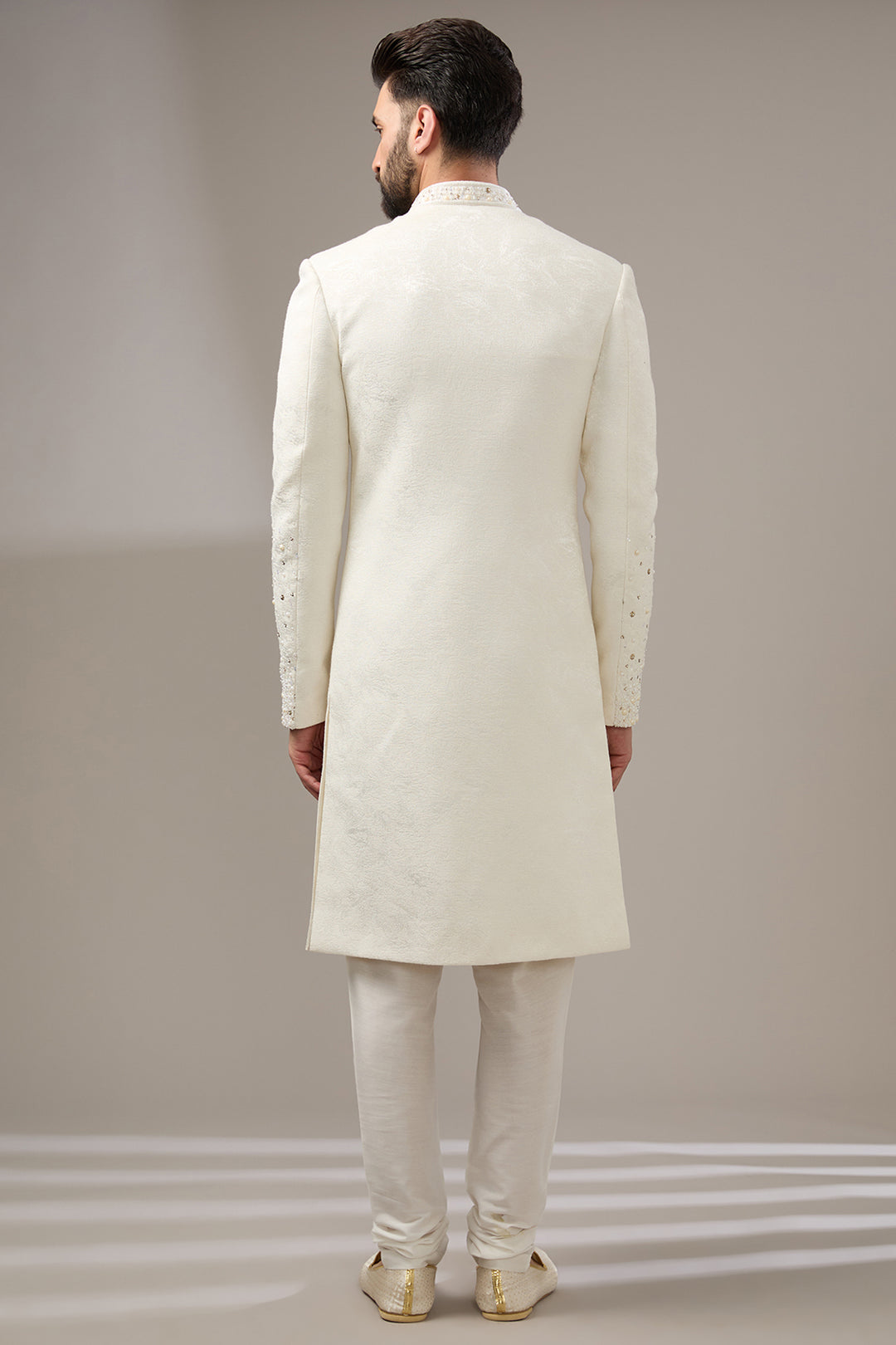 Pearl-Adorned White Sherwani Set