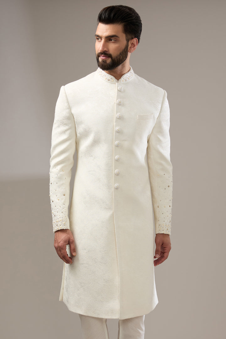 Pearl-Adorned White Sherwani Set
