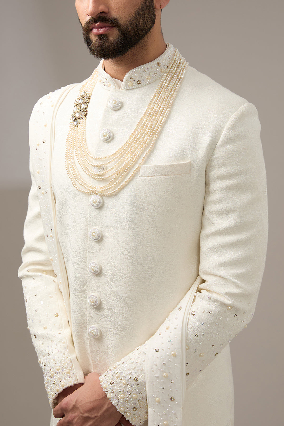 Pearl-Adorned White Sherwani Set