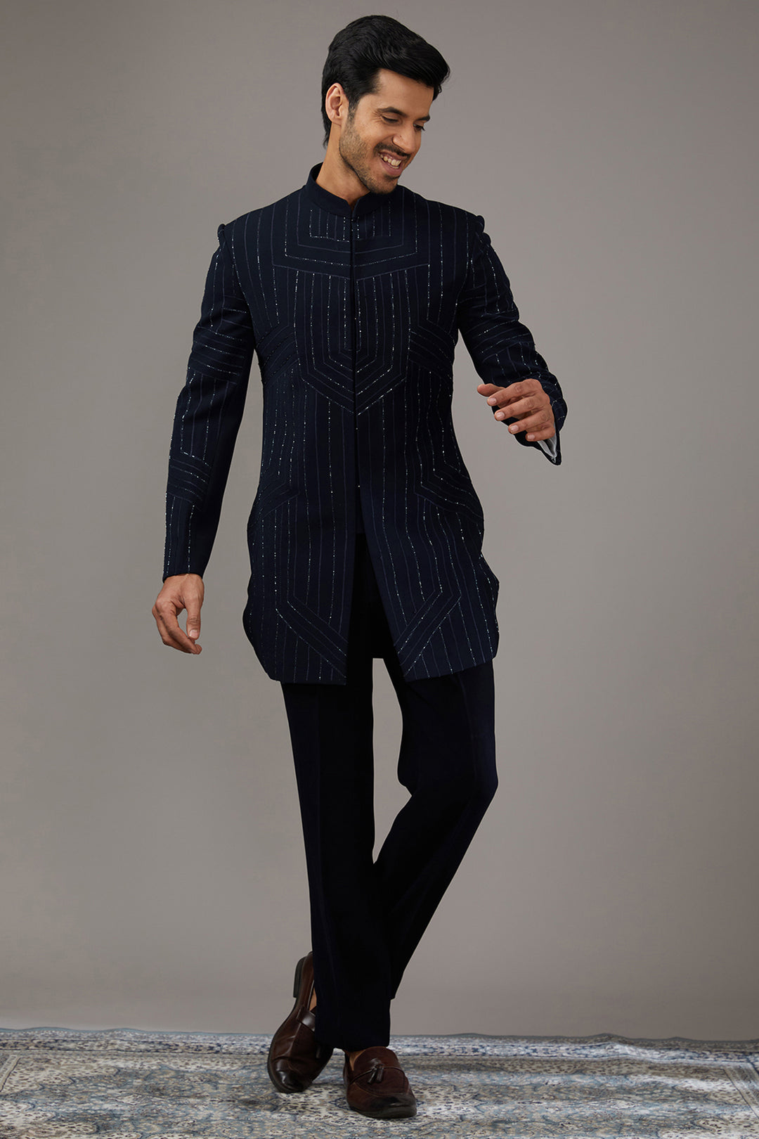Indigo Geometric Embellished Indo-Western Set
