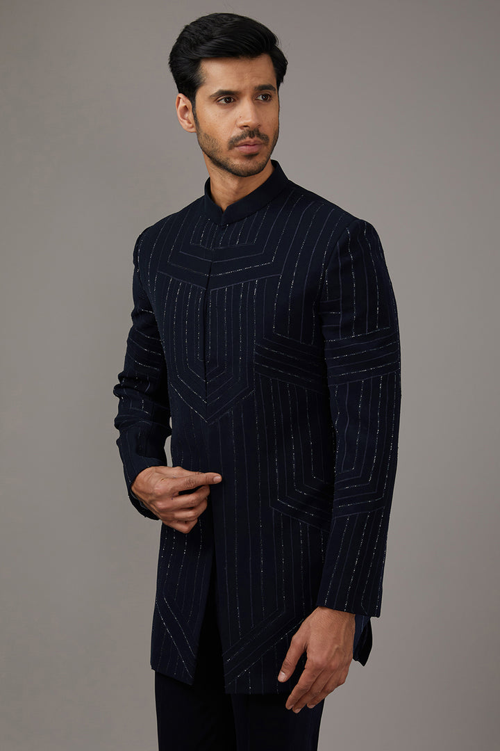Indigo Geometric Embellished Indo-Western Set