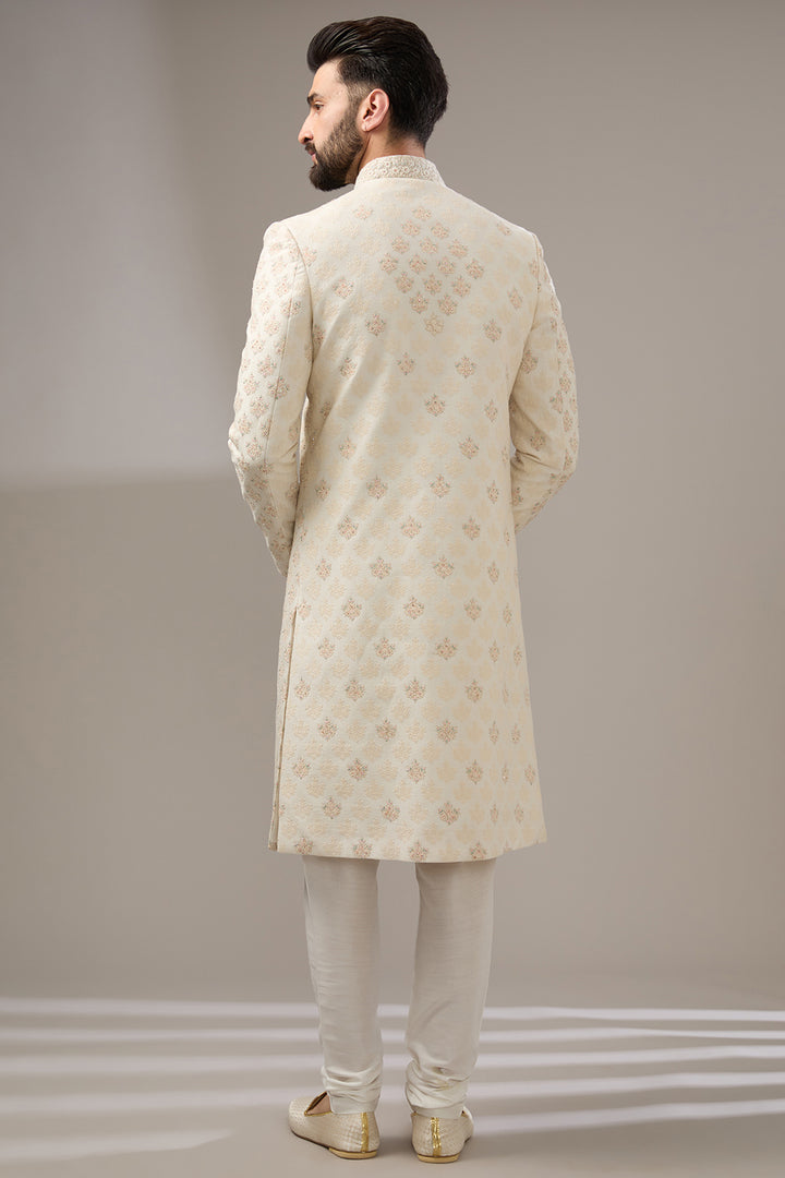 Cream Zari Tikki Sherwani Set