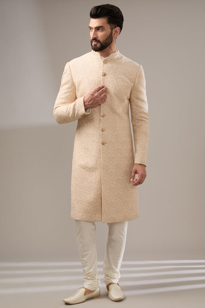 Lucknowi Peach Embroidered Sherwani Set