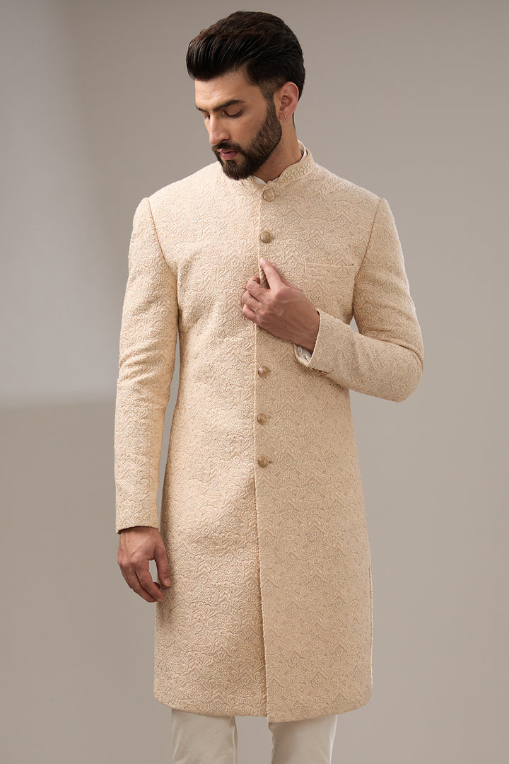 Lucknowi Peach Embroidered Sherwani Set