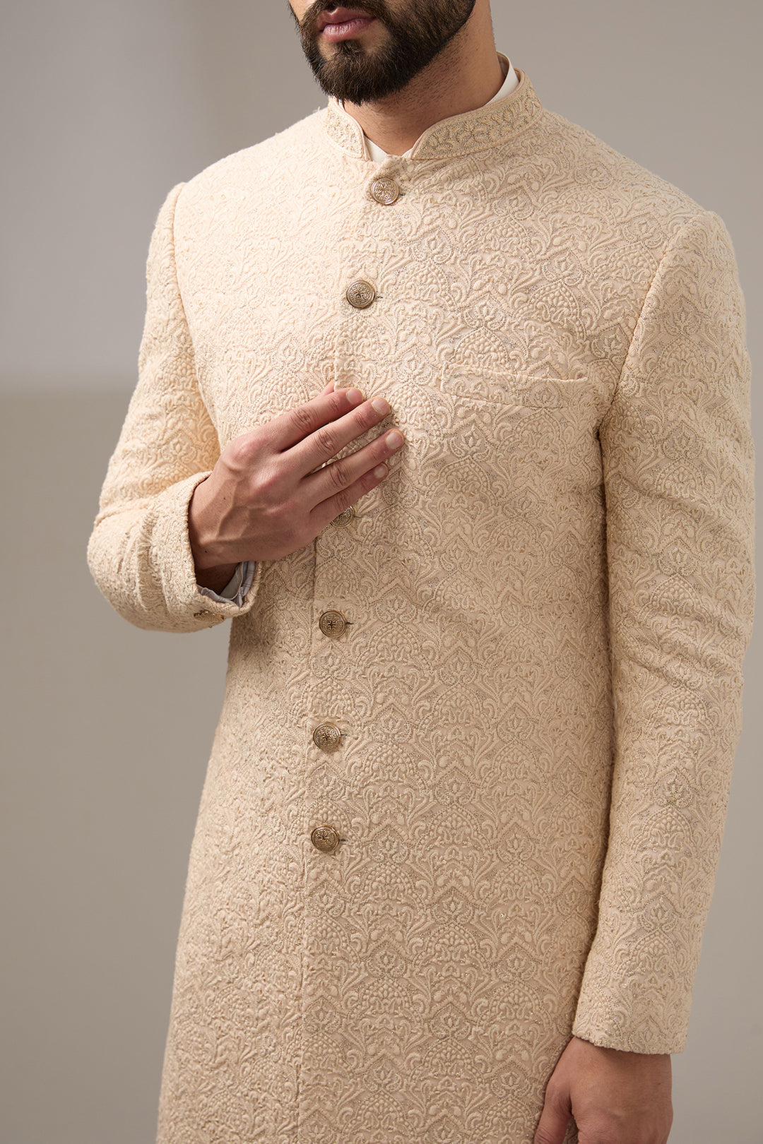 Lucknowi Peach Embroidered Sherwani Set