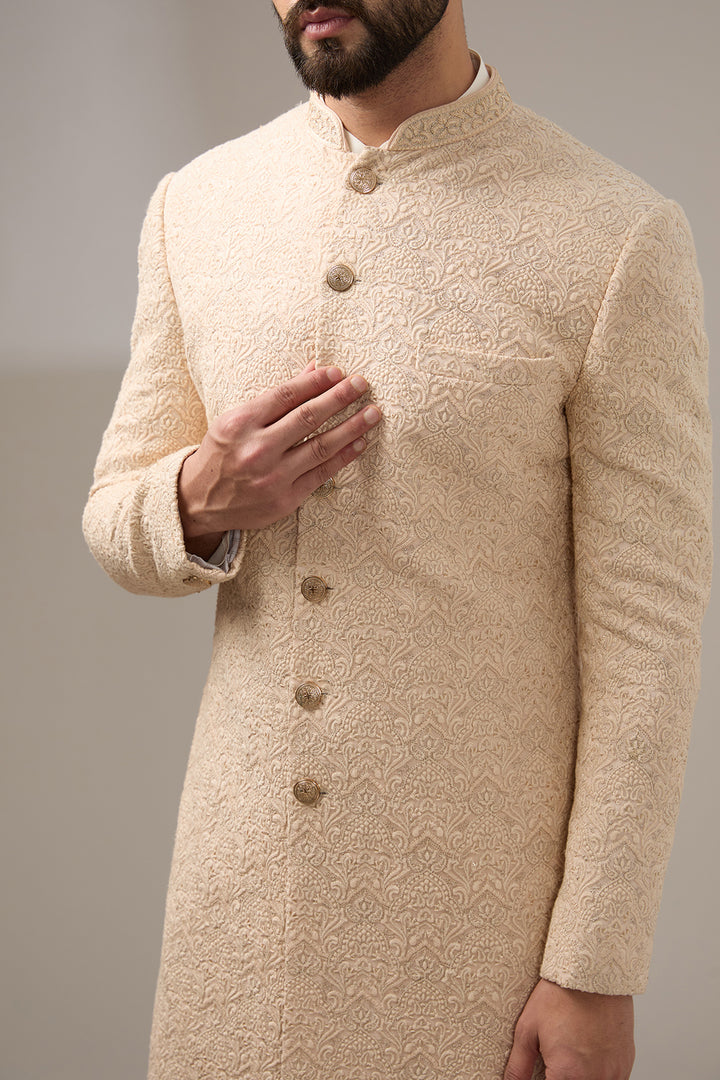 Lucknowi Peach Embroidered Sherwani Set