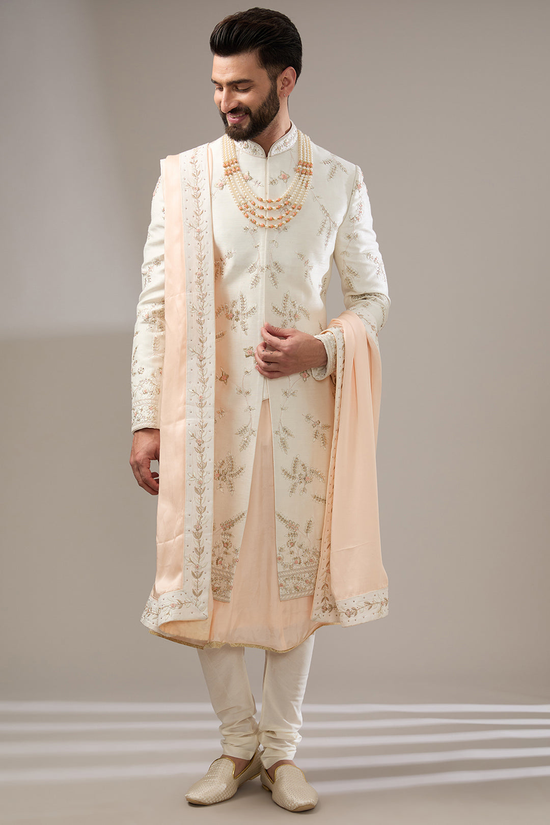 Ivory Peach Floral Sherwani Set