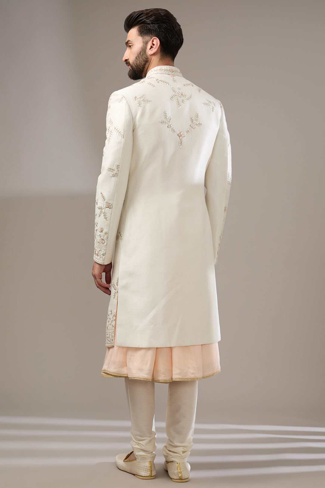 Ivory Peach Floral Sherwani Set