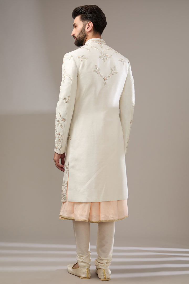 Ivory Peach Floral Sherwani Set