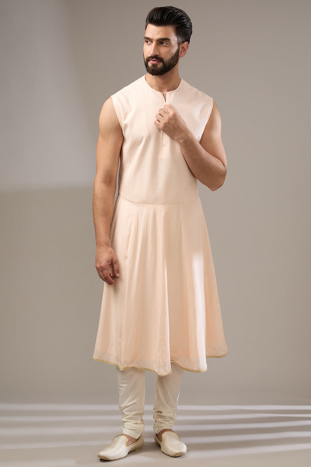 Ivory Peach Floral Sherwani Set