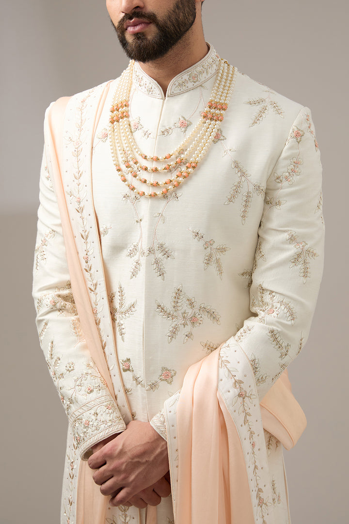 Ivory Peach Floral Sherwani Set