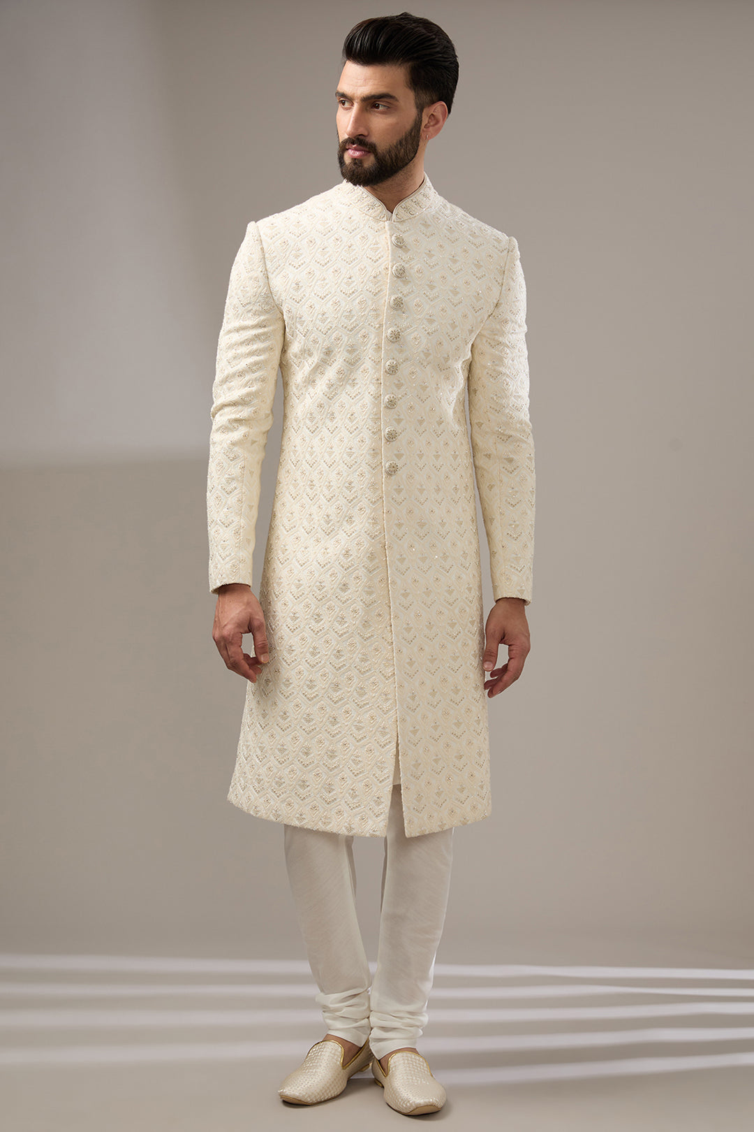 Refined Ivory Lucknowi Sherwani Set