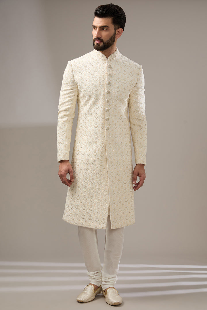 Refined Ivory Lucknowi Sherwani Set
