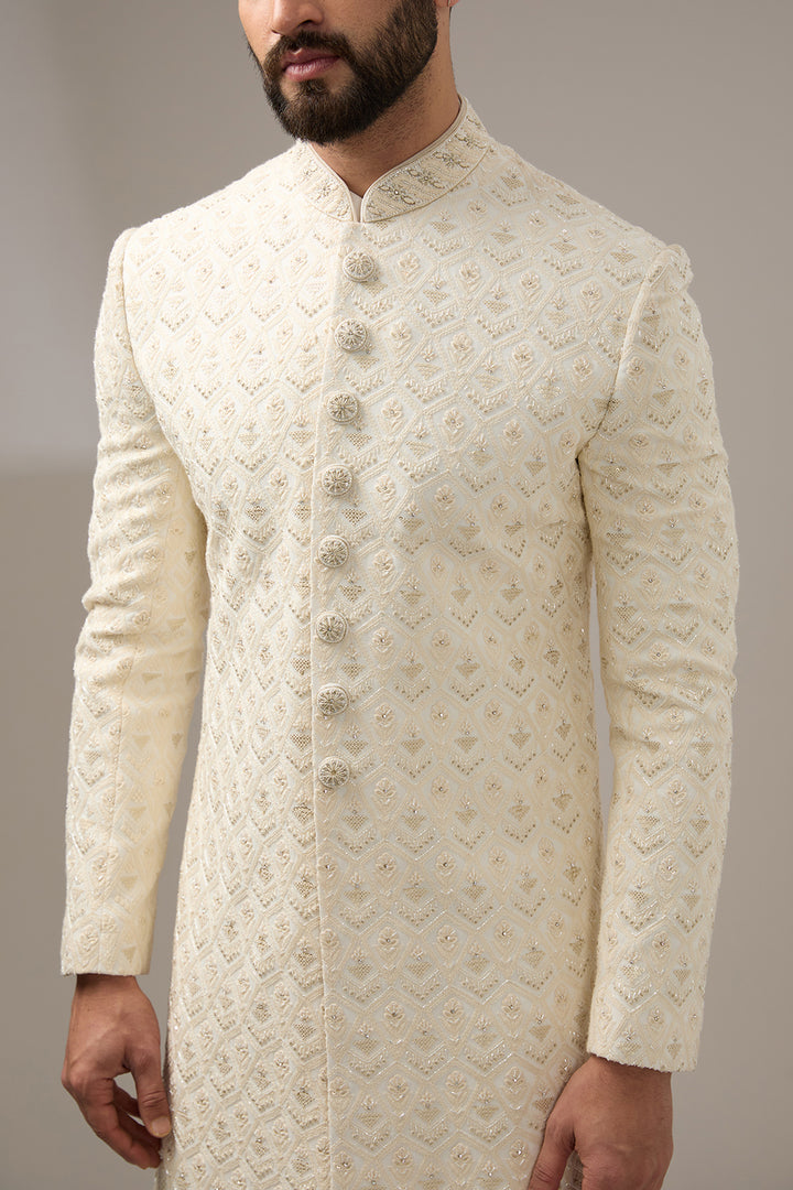 Refined Ivory Lucknowi Sherwani Set