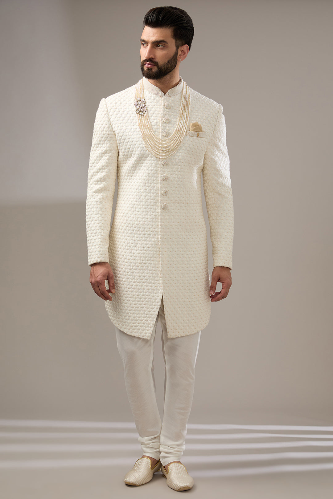 Ivory Poth Work Sherwani Set