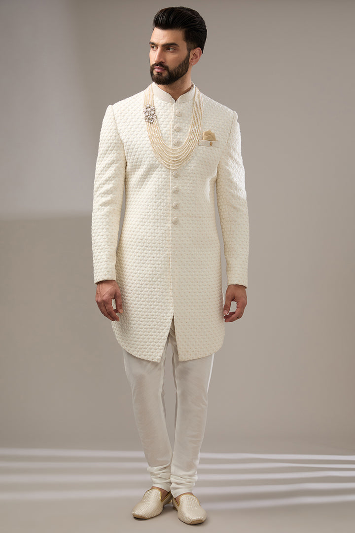 Ivory Poth Work Sherwani Set