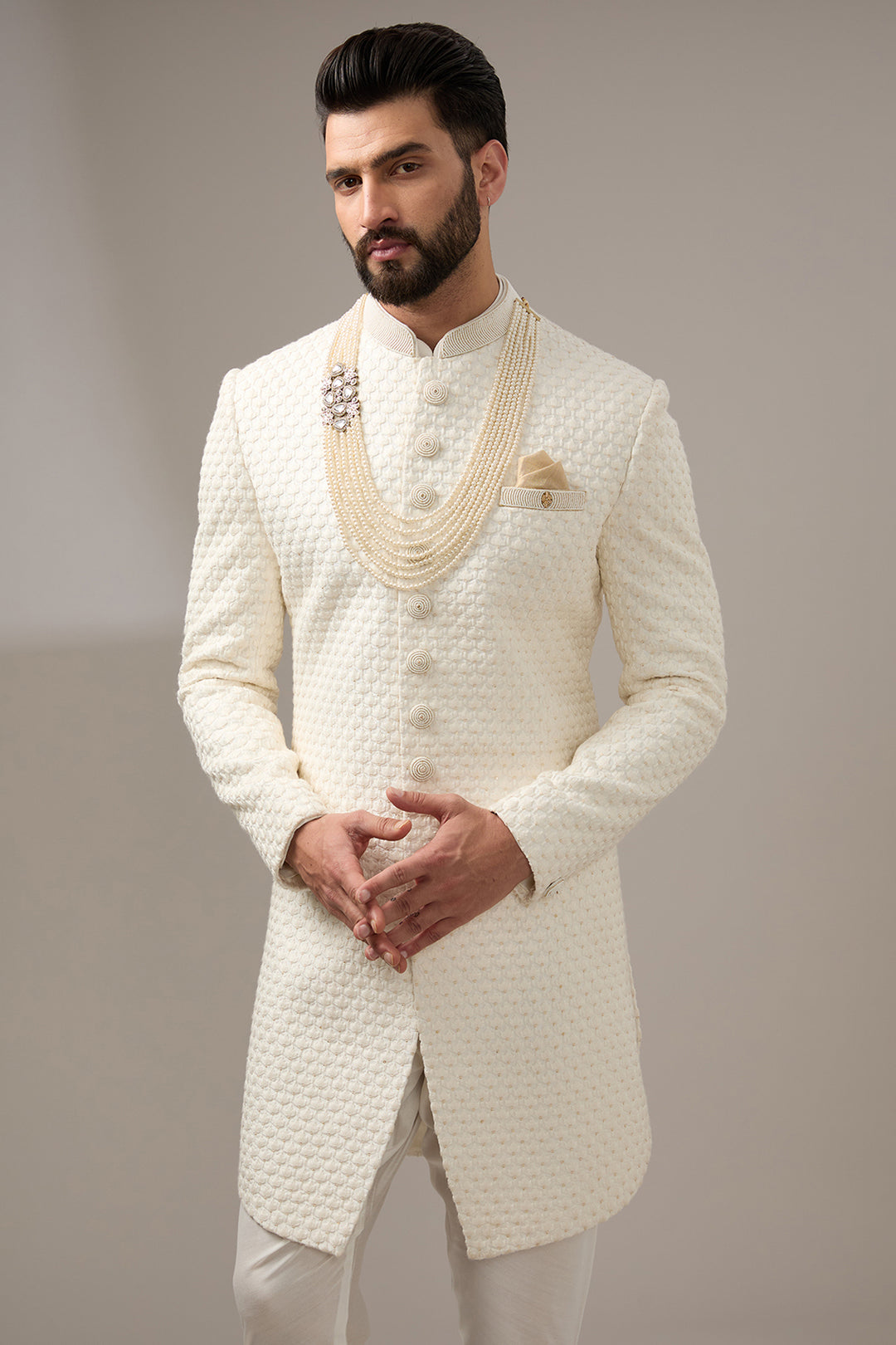 Ivory Poth Work Sherwani Set