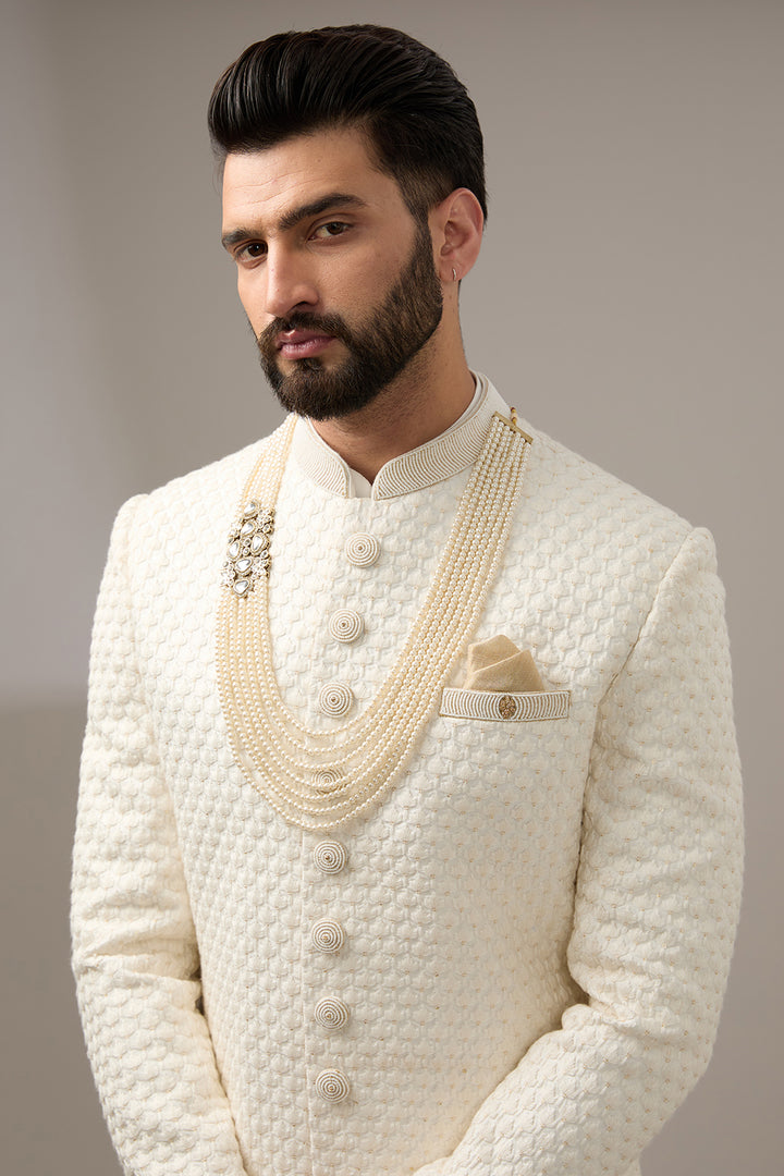 Ivory Poth Work Sherwani Set