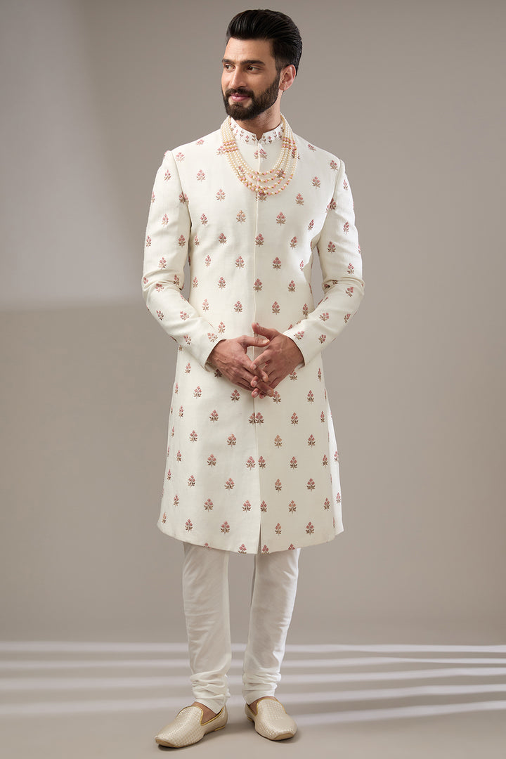 Floral Handwork Ivory Sherwani Set