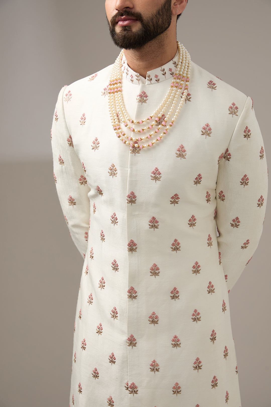 Floral Handwork Ivory Sherwani Set