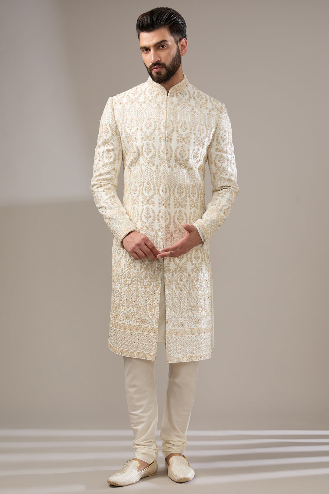 Ivory Zari Work Sherwani Set